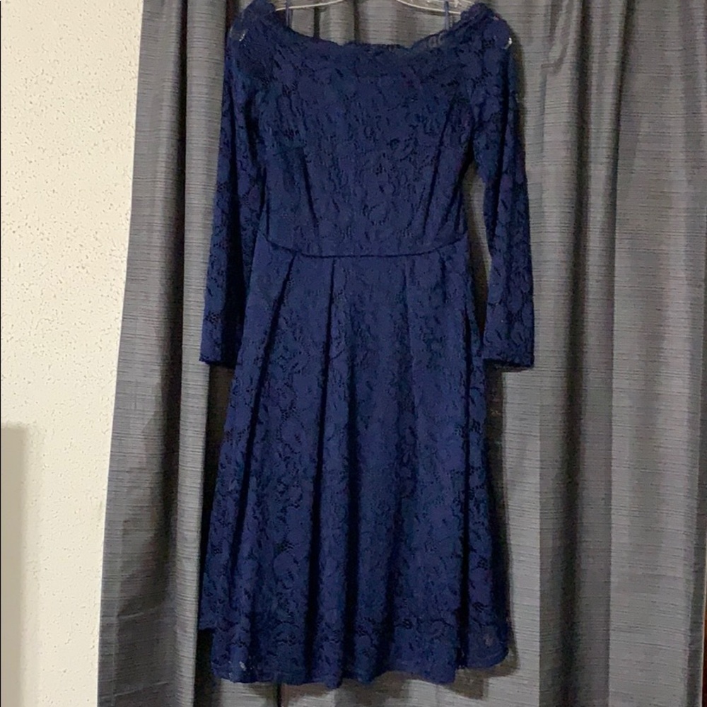 Navy lace 3/4 sleeve wide neck dress
